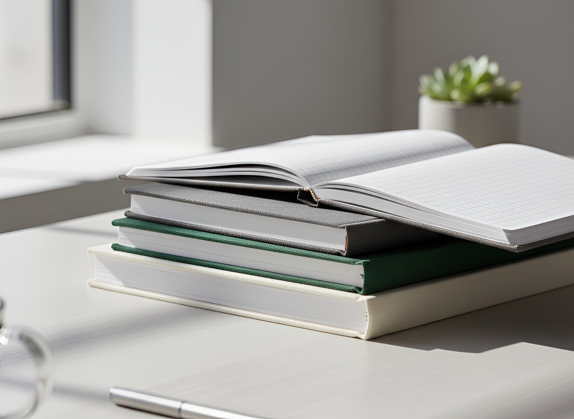 stack of hardbound diaries on office desk