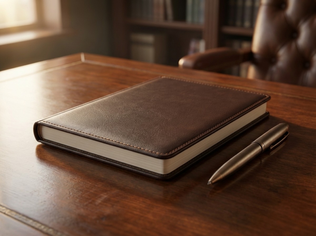 PU leather cover diary with pen on table